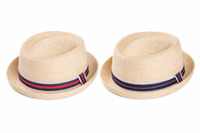 Unisex Summer Straw Pork Pie Trilby Sun, Beach Porkpie Hat With Stripey Band