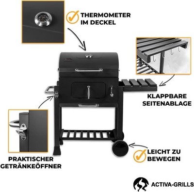 ACTIVA Holzkohlegrill Grillwagen Gussrost Deckel Thermometer Kohlehöhverstellbar