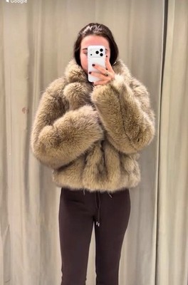 ZARA NEW WOMAN SHORT FAUX FUR COAT TOBACCO SIZE L 4391/732/052