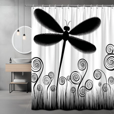 Black White Dragonfly Shower Curtain Abstract Floral Art