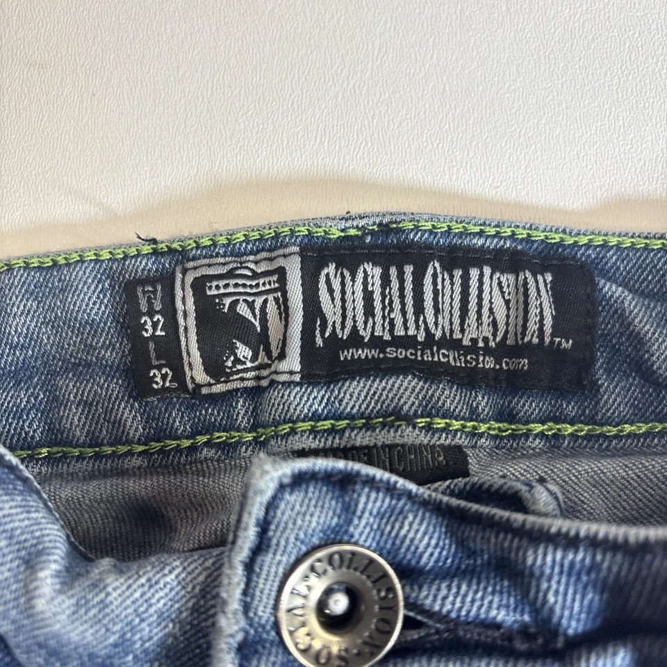 Pantalones de mezclilla para hombre Social Collision 32x32 azul grosero ajustados desgastados botón mosca Foto 2 de 4