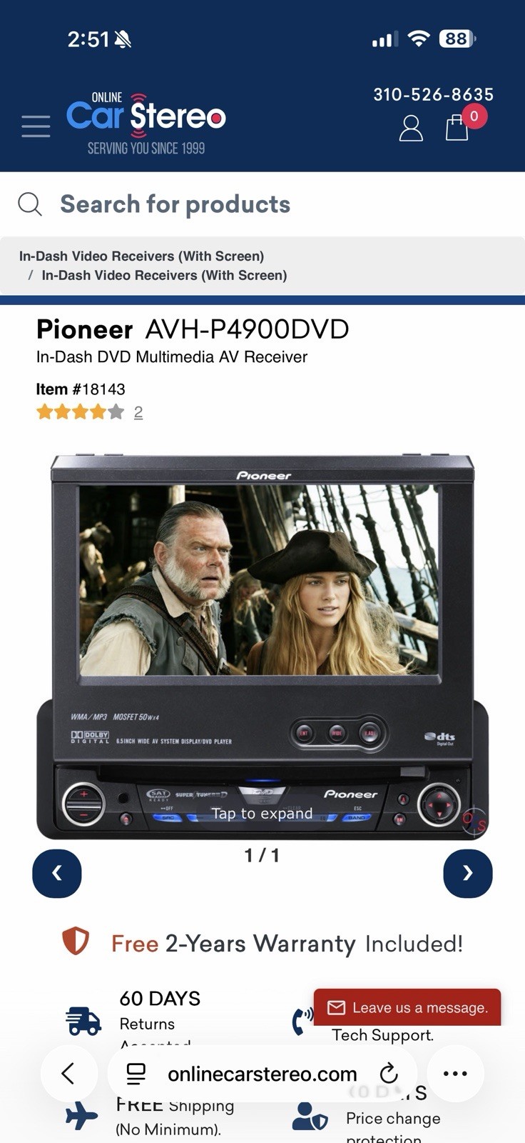 Pioneer AVH-P4900DVD 6.5" Touchscreen DVD CD MP3 WMA - BRAND