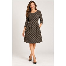 Connected Apparel Fit Flare Dress Womens 10 Camel Black Grid Knit Pockets NWT