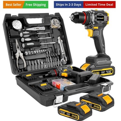 Brushless Compact Drill Tool Set, 60N.m 20V Cordless Drill Tool Box with 2 Ba...