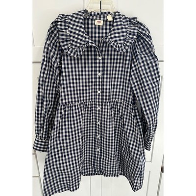 Levi's Womens XS Gingham Plaid Ruffle Collar Button Front Mini Dress Navy White