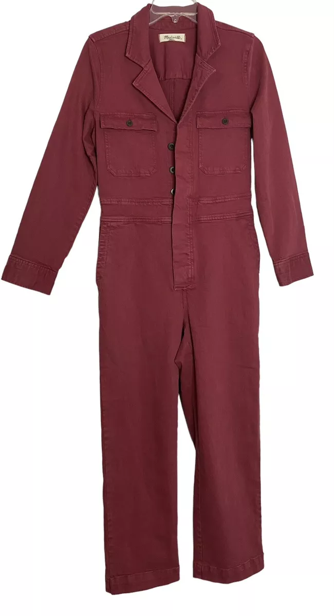 Madewell Size 4 Garment Dyed Denim Slim Coverall Jumpsuit Burgundy Red K3293