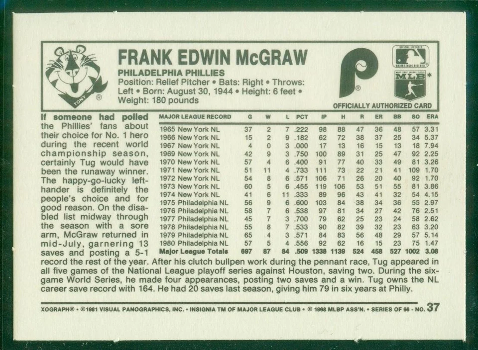 1981 Kellogg's 3-D Super Stars, 37, Tug McGraw, Phillies, Mint-Gem Mint - Image 2 of 3