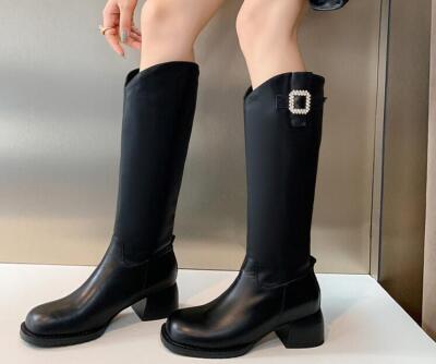 Womens Winter New Fashion Round Toe Diamante Buckle Strap Riding Boots Mid  Heels