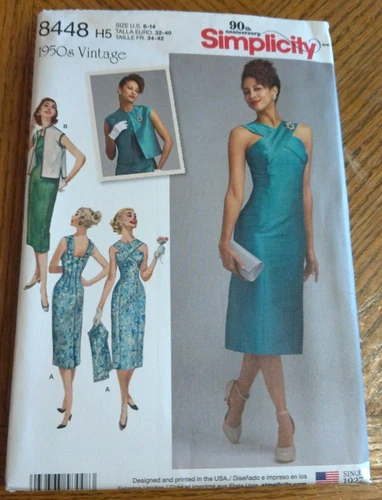 Simplicity Pattern 8448 Ms 1950s VINTAGE Dress w/Cross Shoulders~Cover Vest 6-14