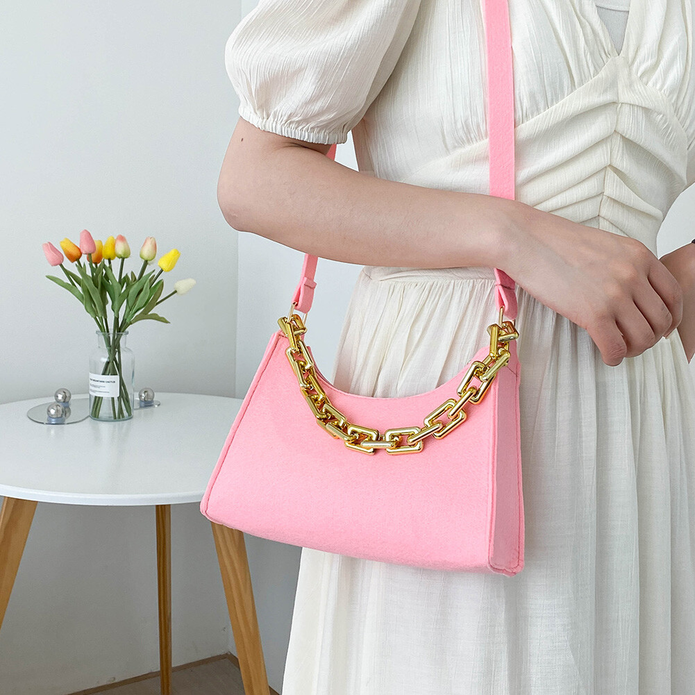 Women Felt Shoulder Underarm Bag Chain Crossbody Handbag Satchels (Pink