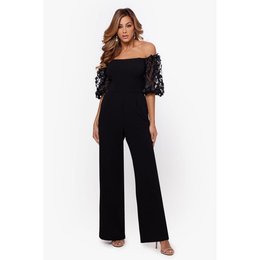 XSCAPE Belle Off the Shoulder Scuba Crepe Jumpsuit Women's Black 16 NWT