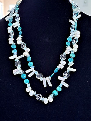 FRESH WATER PEARL NECKLACE TURQUOISE WHITE WOMEN'S NEW 26'' LONG