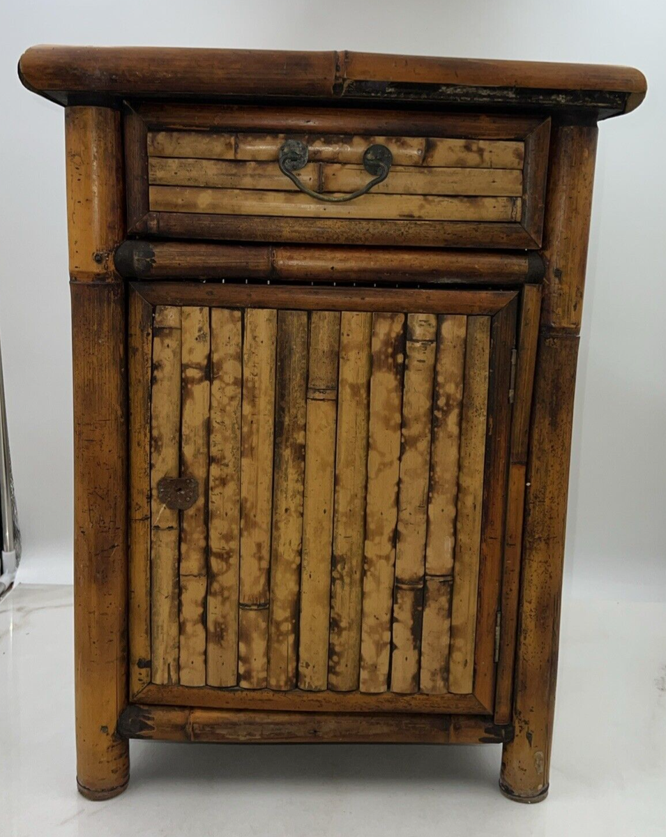 VTG Bamboo Side Table Tortoise Shell Wood Wicker Cabinet Drawer