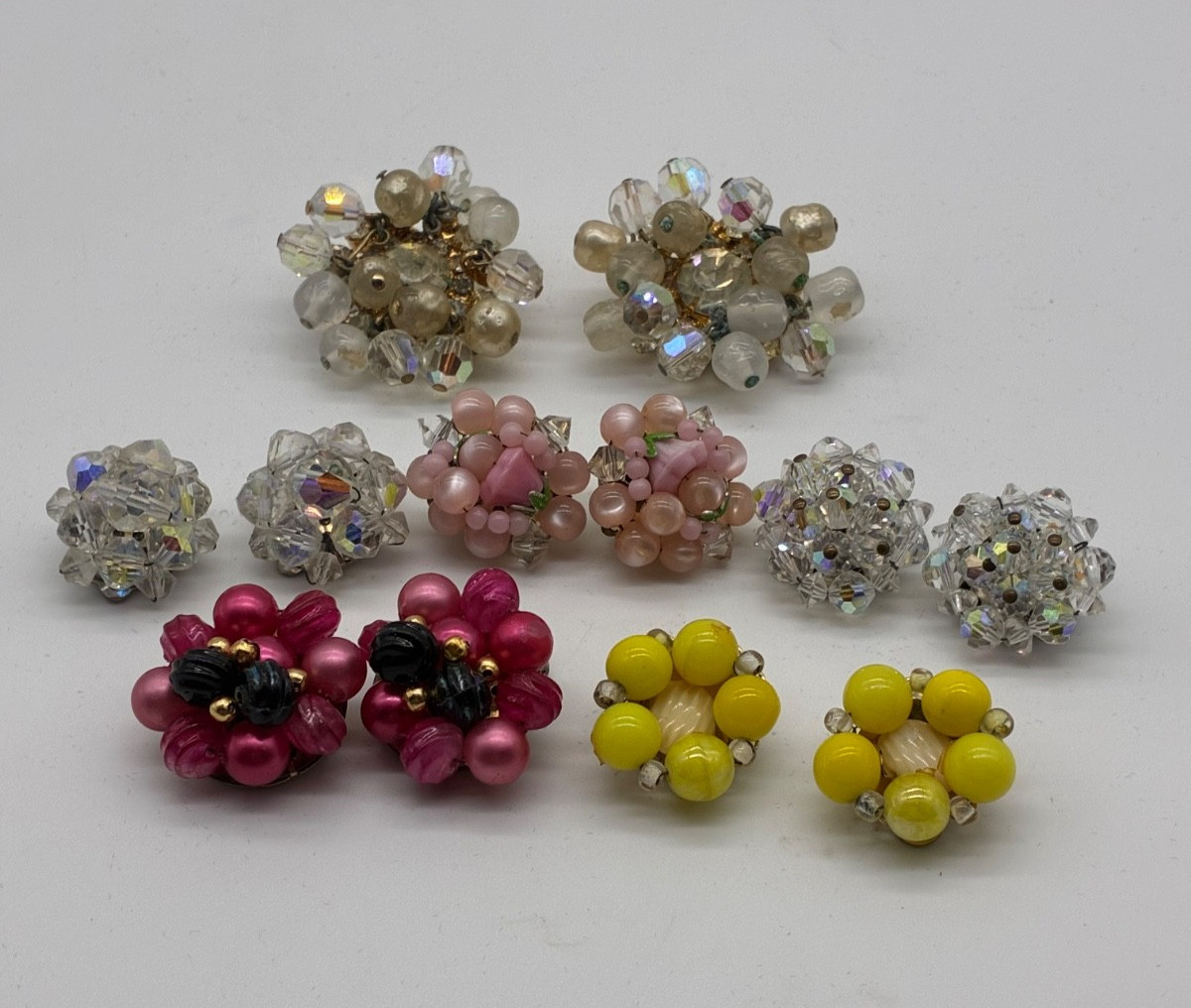 vintage beaded cluster earring lot of 6 clip on -for craft/ repair