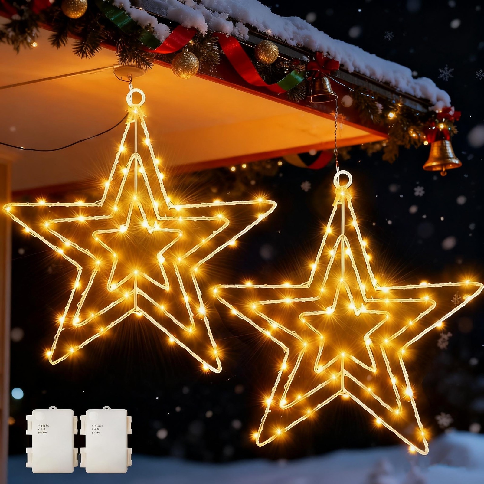 Étoile Lumineuse Noël suspension LED blanche lot de 2 pour vitrine