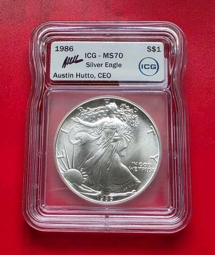 1986 S$1 American 1oz .999 Fine Silver Eagle Coin - ICG MS70 Hutto Auto Label