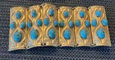 Vintage Napier Cuff Bracelet Repousse Gold Tone with faux Turquoise Cabochon