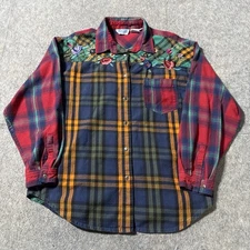 Vintage QPS Shirt Womens L Multicolor Plaid Embroidered Floral Flannel Boho 90s