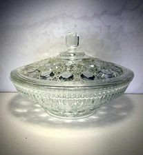 Vintage Cut Glass Candy Dish w Lid Starburst Base Clear Glass 7.75”