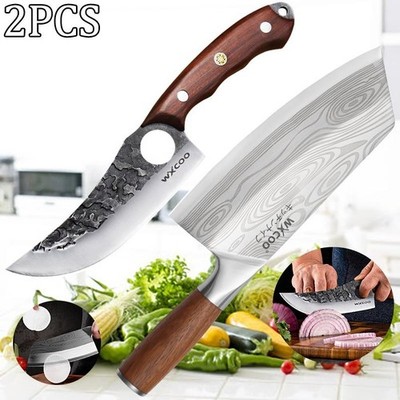 2PCS Stainless Steel Kitchen Knife Wooden Handle Meat Cleaver Vegetable Chopper
