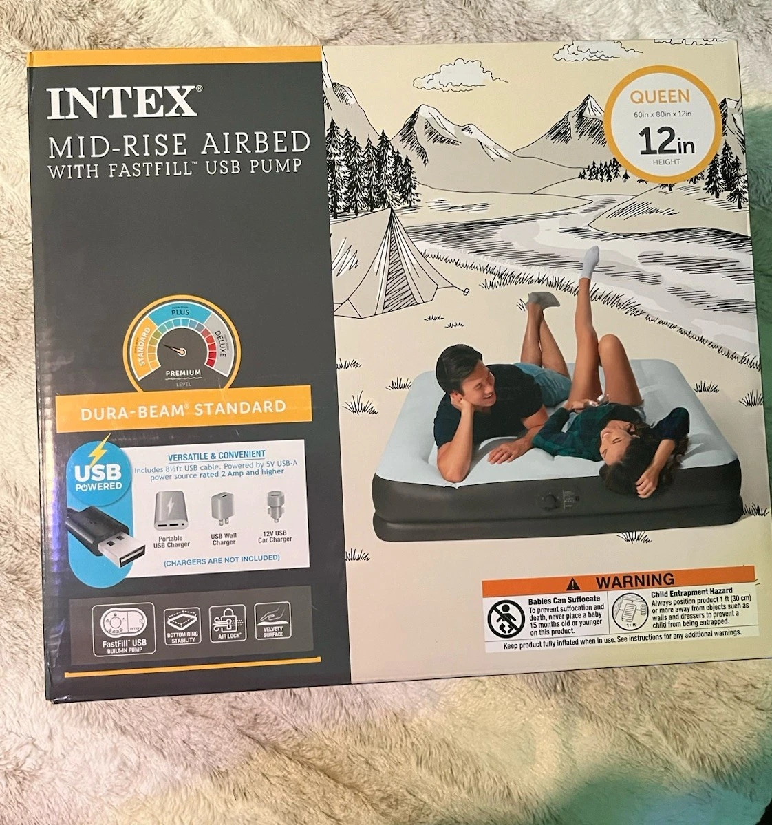 Intex Dura-Beam Standard Mid-Rise Airbed Queen 12in Inflatable Built-in USB Pump
