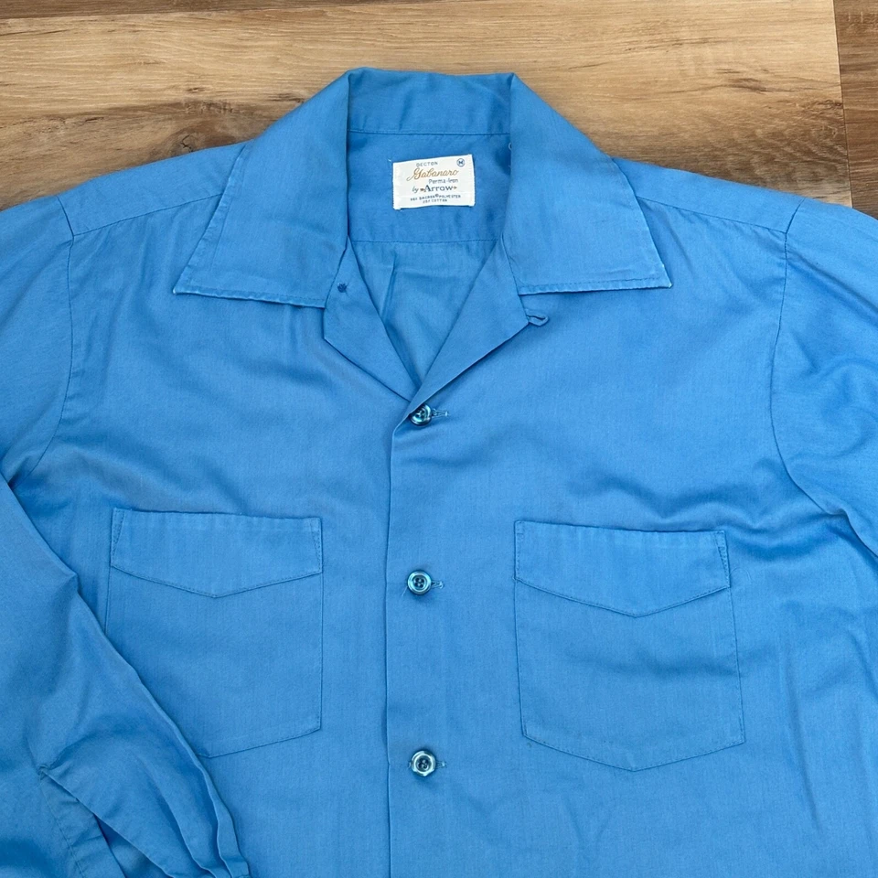 Vintage 1960s Arrow Gabanaro GABARDINE Shirt Mens Medium Blue Loop Collar Board - Image 3 of 4