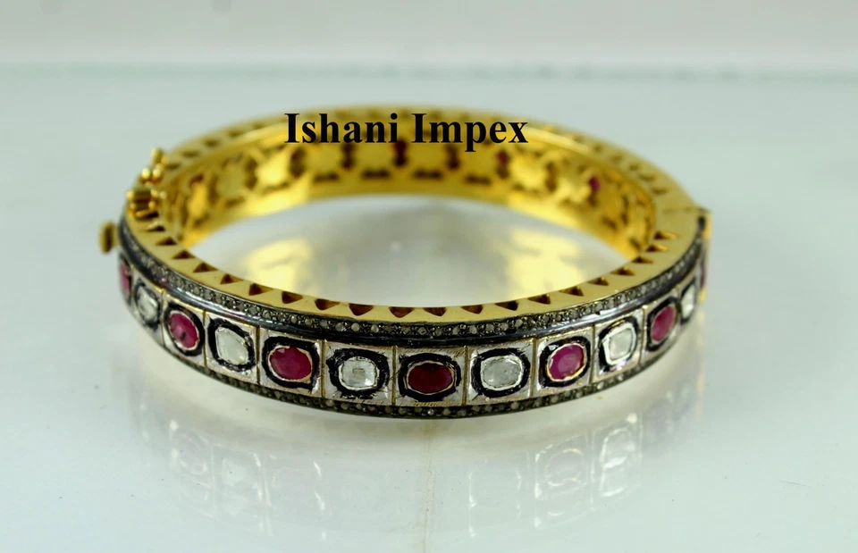 Bangle Natural Diamond & Diamond Polki, Ruby 925 Sterling Silver Bangle Jewelry - Image 2 of 4
