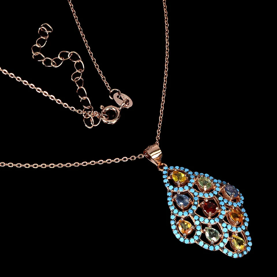 925 Argento Sterling Collana Pera Zaffiro Multicolore Gemma Gioielli - Immagine 2 di 4