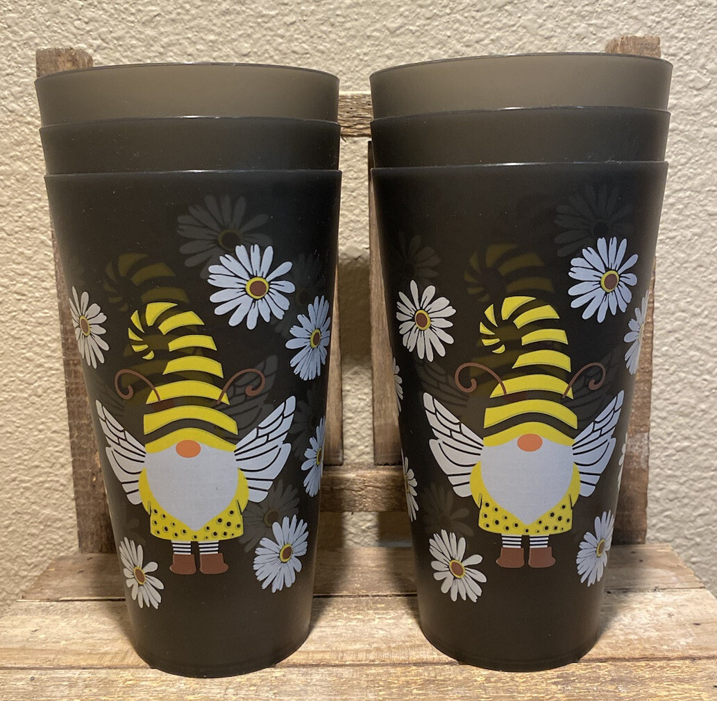 Bumblebee Gnome & Daisies Plastic 32 oz Tumblers Set Of 6, Bee Gnome Cups |  eBay