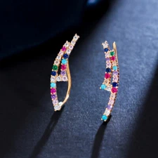 Women Trendy Gold Plated Colorful Cubic Zircon Ear Crawler Climber Stud Earrings