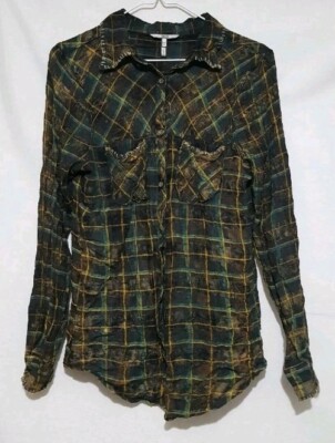 BUCKLE BKE Eased Brown Yellow Green Button Front Long Sleeve Shirt Sz. Small