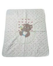 Vintage Handmade Cross Stitch Quilted Baby Blanket Baby Bear With Rattle Hearts
