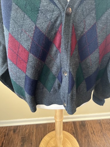 Vintage 90’s Florence Tricot Cardigan Sweater XL Gray Diamond Argyle - Picture 4 of 12