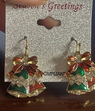 Christmas Bells Multicolor WH Crystal Green Red Bow Earrings NWT