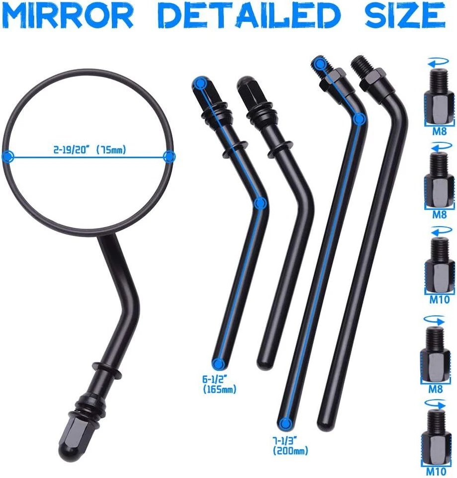 Pair Black Round Motorcycle Rearview Mirrors 8mm 10mm for Yamaha Aprilia SR50 - Image 3 of 4