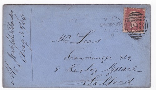 1869 QV GOOD 1d PENNY RED STAMP PLATE127 ON MANCHESTER BUILDERS COVER