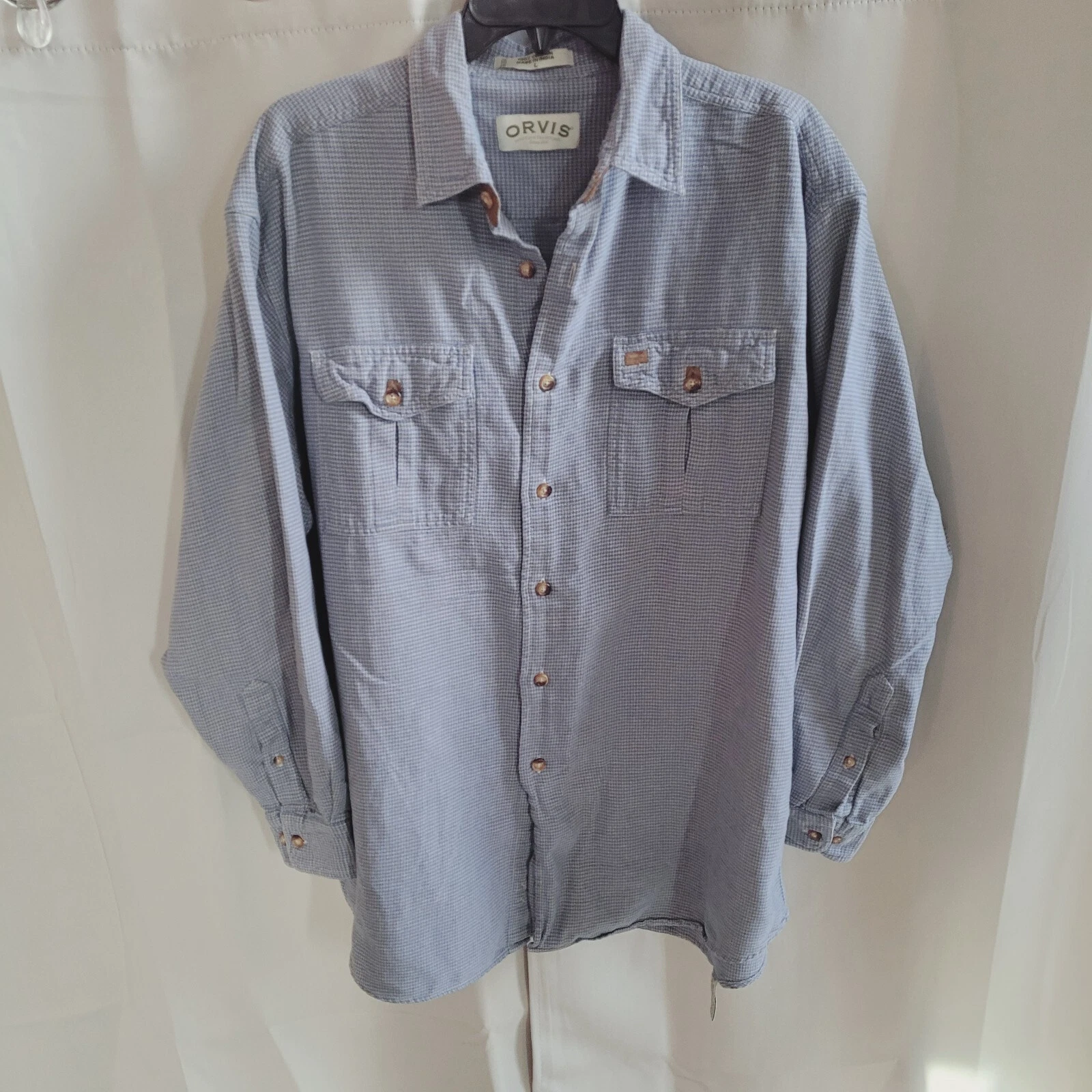 Orivs Shirt Large Blue Gray Micro Houndstooth Button Up Flannel Outdoors 17246