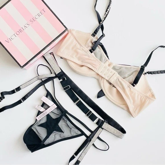 36D GRANDE Victoria’s Secret 3 PIEZAS Conjunto Sujetador Lazo Bling Liguero Tanga Bragas Foto 4 de 4