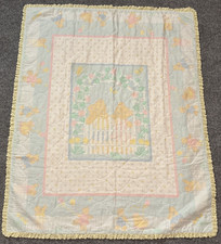 Vintage Baby Blanket Teddy Bear Playing Crib Lace Edge Quilted 80s 1980s Faded