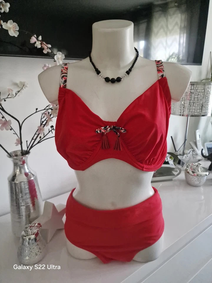 Wamea Beach bikini femme rouge uni 2 pièces culotte haute armatures haut 105 D - Photo 1/4