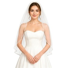 Wedding Veil 1 Tier Fingertip Length Wedding Bridal Veil with Comb Pearls Cry...