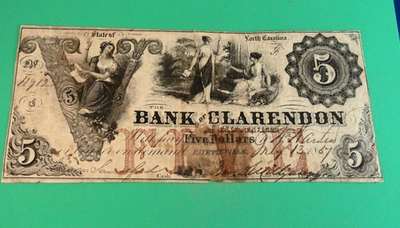 #ad US LG SIZE OBSOLETE BANK NOTE: FAYETTEVILLE NC BANK OF CLARENDON $5 1867 $59.95