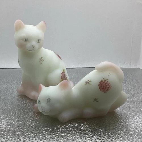 Fenton Hand Painted Glass Cat Figurines Floral Berry Design Set of 2 signed
