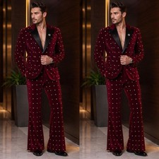 Burgundy Velvet Rhinestone Suits for Men 2Pcs Luxury Prom Dinner Party Coat