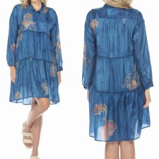 Johnny Was Sascha Silk Shirt Dress Tiered S Long Slv Blue Paisley Spray Oversize