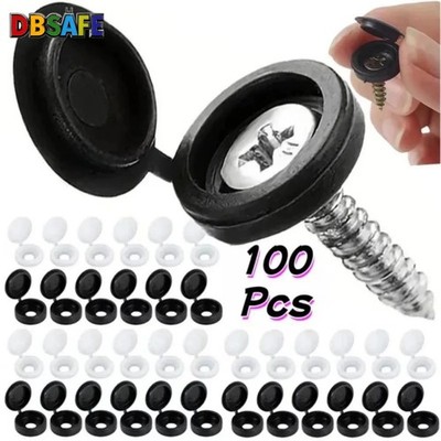 100 Pcs Black Hinged Screw Cover Caps   Snap Flip Tops w/ Washers Small