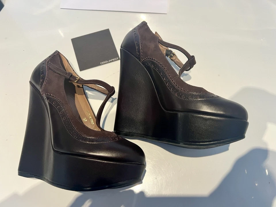 Zapatos de salón DSQUARED2 37/6 39/8 marrón Oxford punta de ala plataforma cuña alta Foto 2 de 4