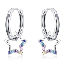 Star Dangle Hoop Earrings,925 Sterling Silver Huggie Hoop Earrings with Spark...