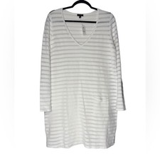 Talbots Striped Cover Up Dress Medium White Cotton Knit V-Neck Long Sleeve NWT