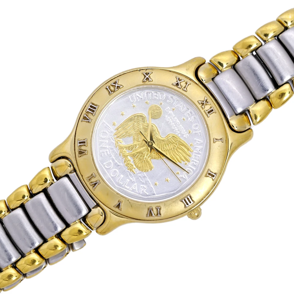 Reloj pulsera moneda dólar Apollo Landing Eagle chapado en oro 24k para hombre Foto 2 de 4
